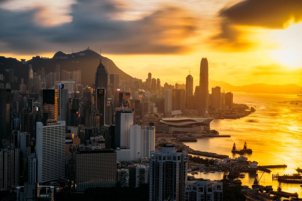 Hong Kong skyline overlooking Victoria Harbour at sunset